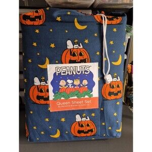 2024 Peanuts Snoopy Halloween Pumpkin Queen Sheet Set Navy Blue By Berkshire